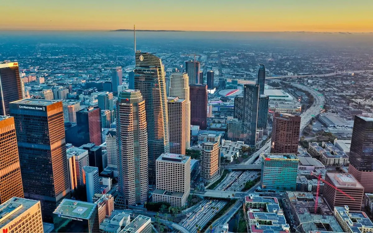 Panorama Downtown Los Angeles z helikoptera