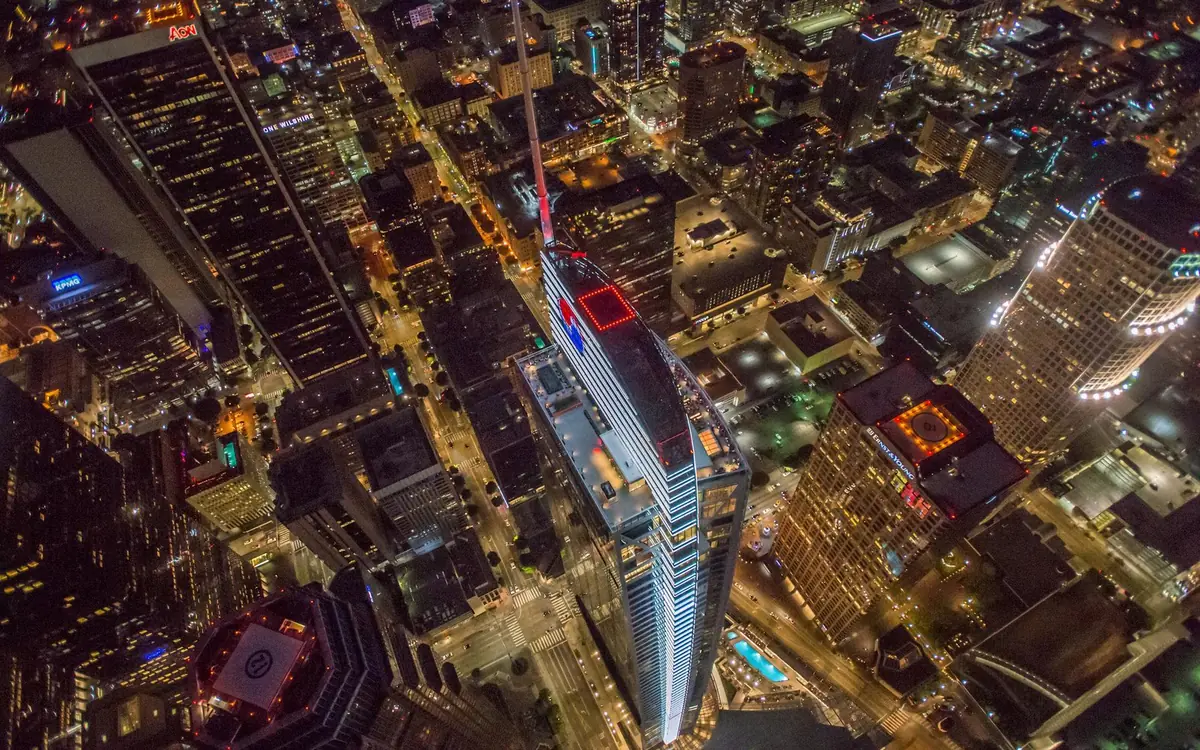 The Los Angeles street grid lit up at night from a helicopter